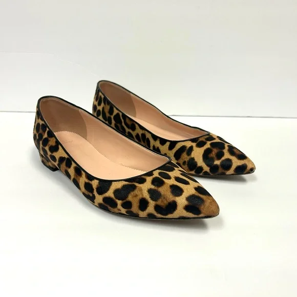 J Crew Leopard Print Shoes Women 9 Calf Hair Ballet Flats Pointed Toe Tan Brown - Picture 3 of 14